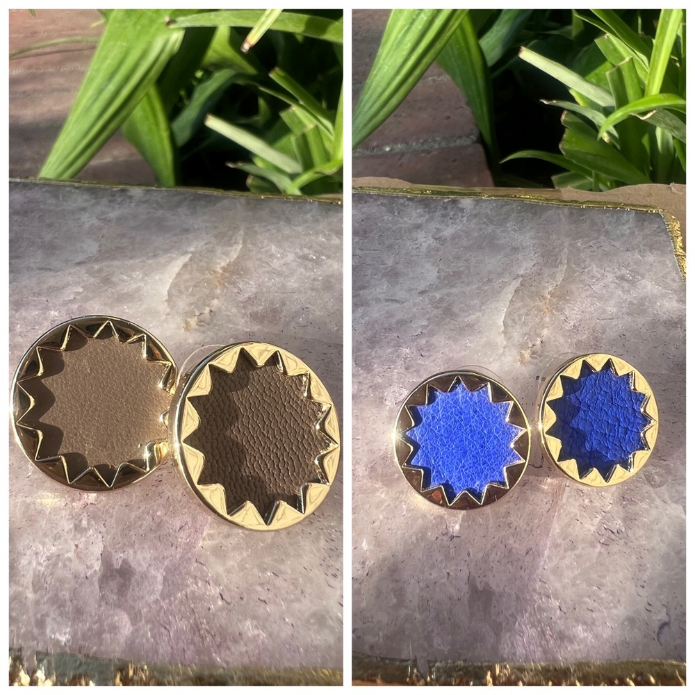 2 House of Harlow 1960 Gold Tan and Gold Blue Sunburst Earrings